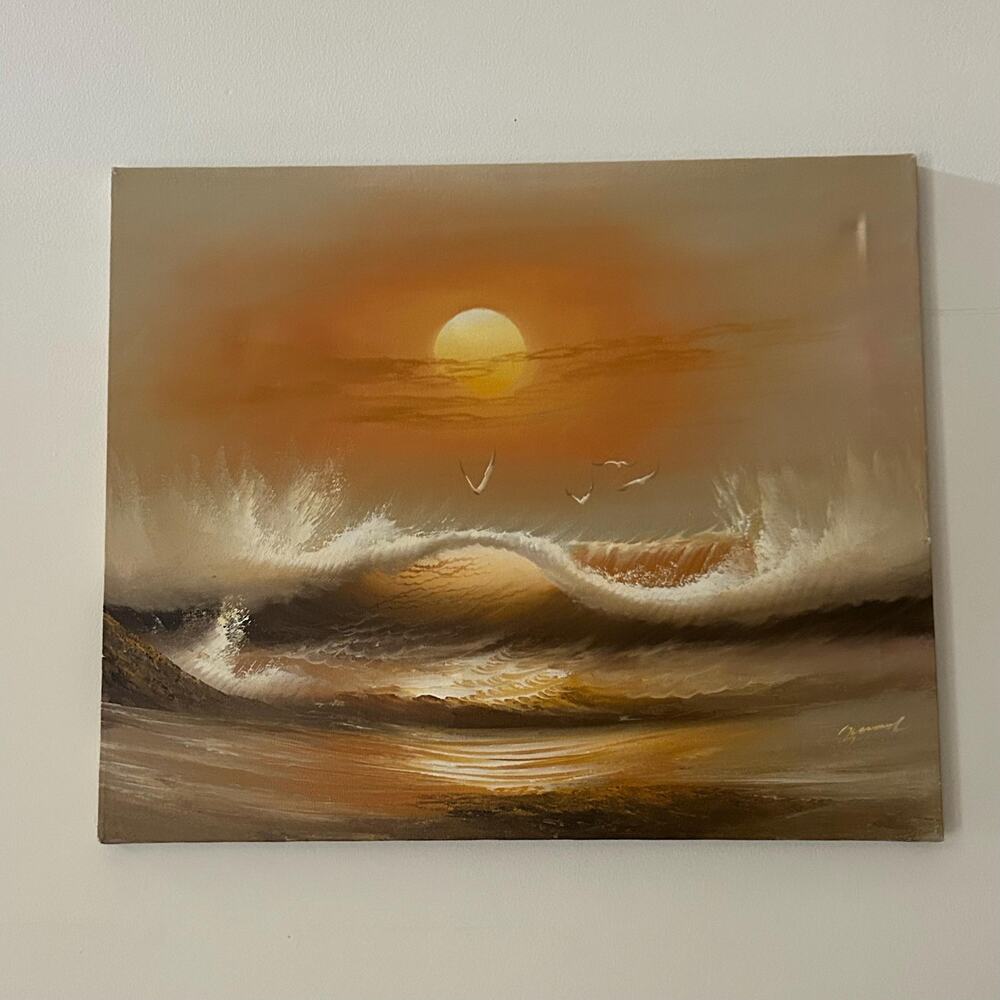 Golden Sunset Seascape Oil Painting on Canvas – Signed Original Art